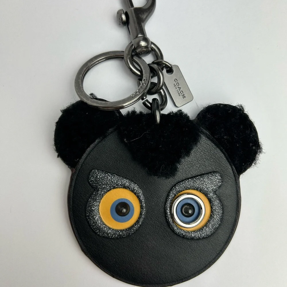 Coach FuzzyFace Black Owl Leather Animal Key Fob Chain Bag Charm